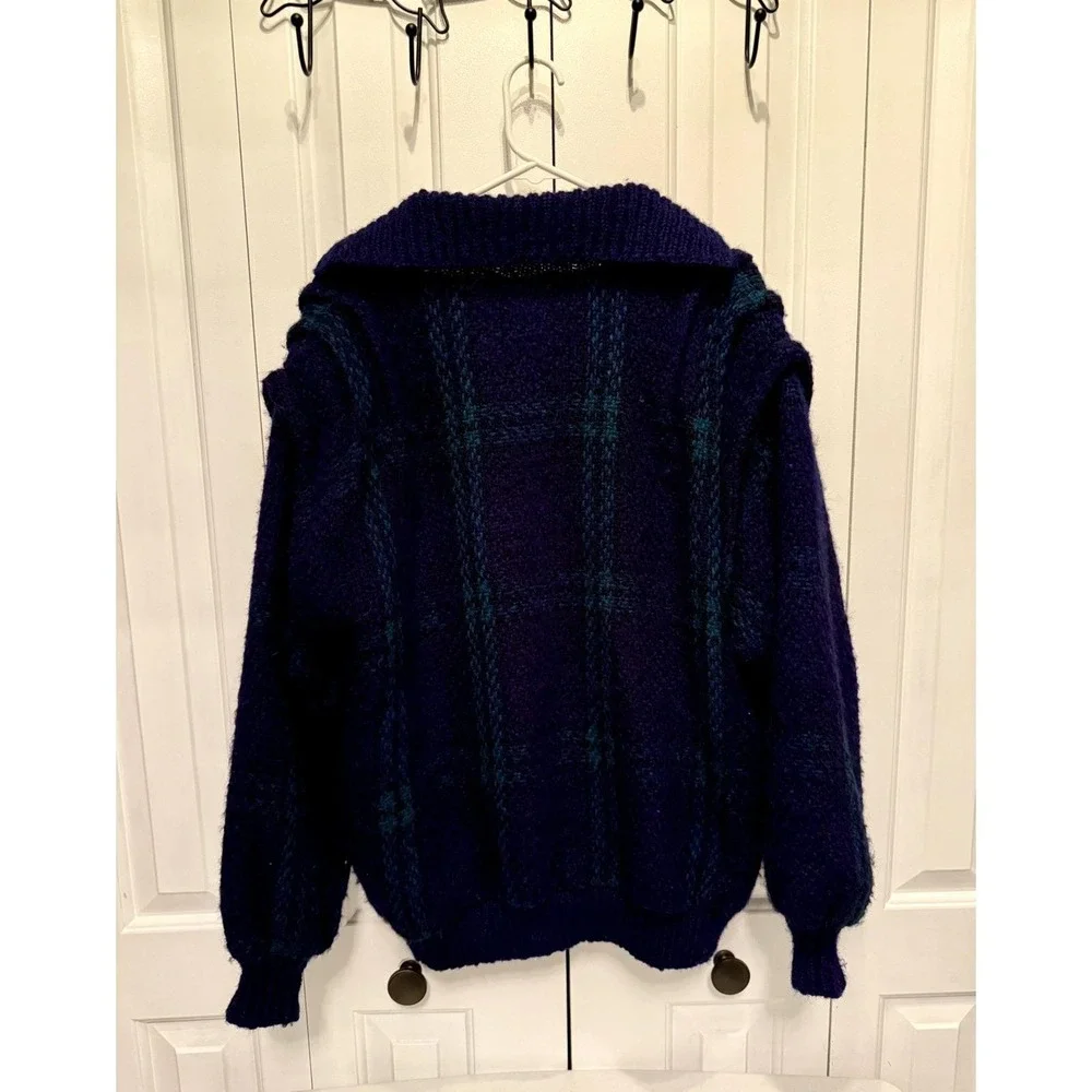 Branigan Weavers Wool Sweater M Green Blue Plaid Full Zip Ireland Vintage Knit